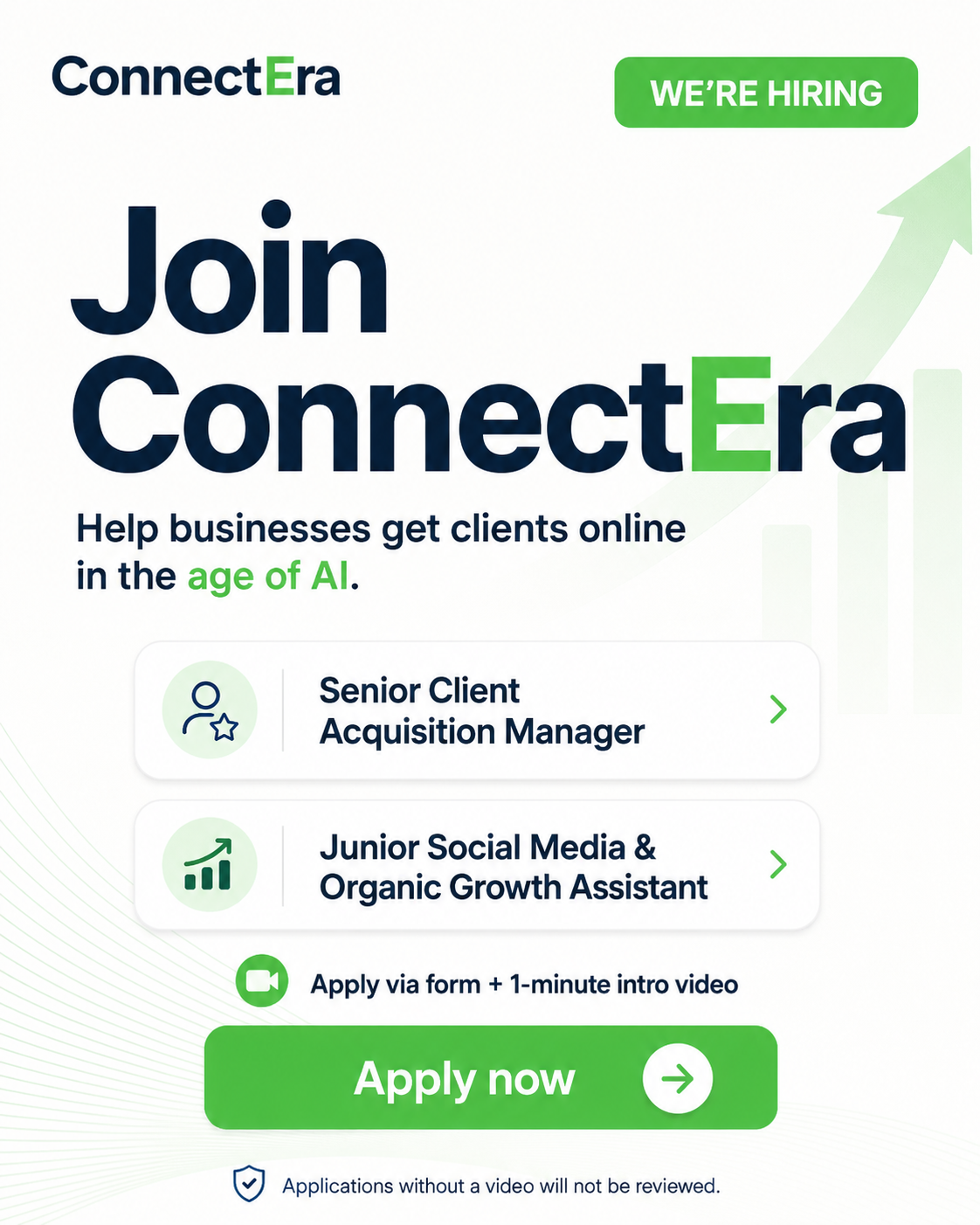 Join ConnectEra — we're hiring. Two open roles: Senior Client Acquisition Manager and Junior Social Media & Organic Growth Assistant. Apply via the form plus a 1-minute intro video.