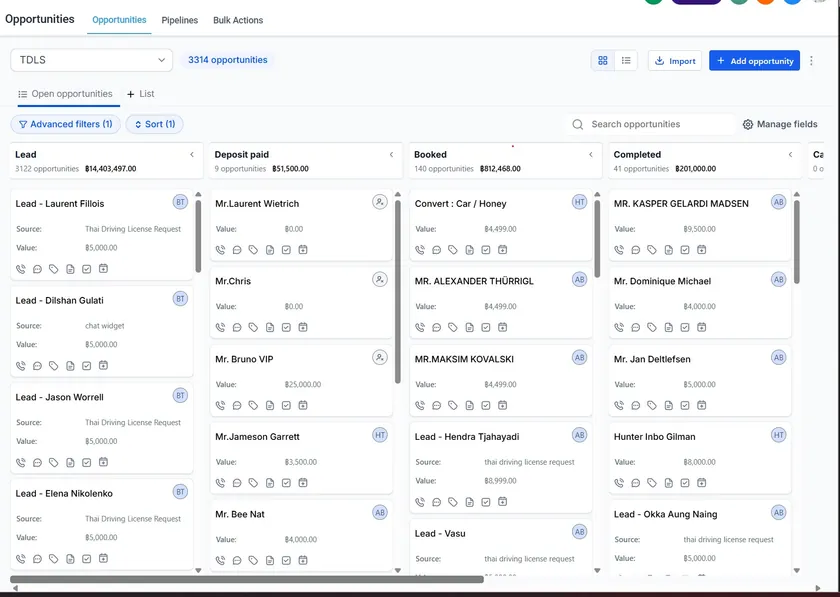 Client CRM pipeline — 3,314 enquiries tracked from lead to booked and completed, none lost
