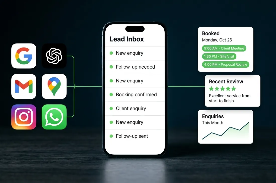 Enquiries from Google, ChatGPT, Gmail, Google Maps, Instagram and WhatsApp flowing into one lead inbox on a phone, resulting in booked appointments, a 5-star review and rising enquiries