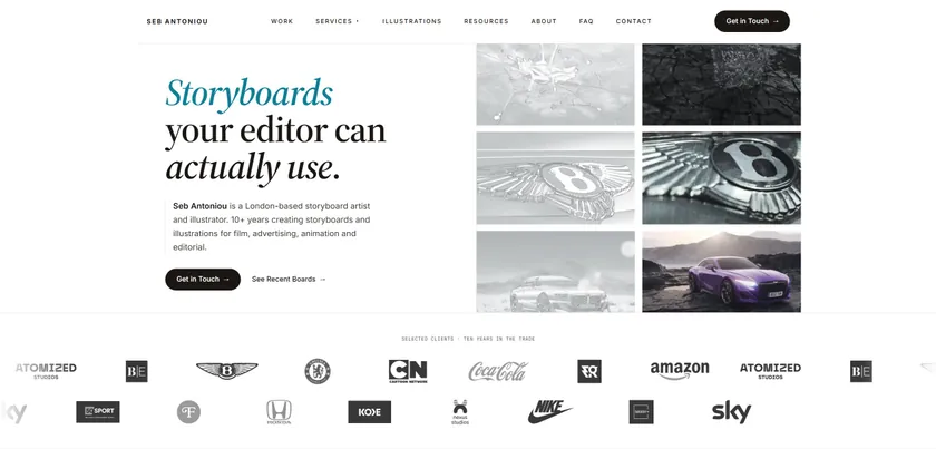 Seb Antoniou — storyboard artist portfolio, website hero