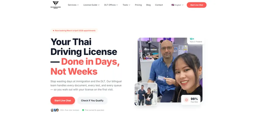 Thai Driver License Service — live client website with real customer photos and 350+ five-star reviews